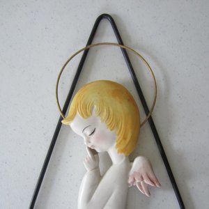 Vintage Angel Wall Plaque/Hanging Ceramic and Metal 9" x 5-1/2" ITALY Foo/535
